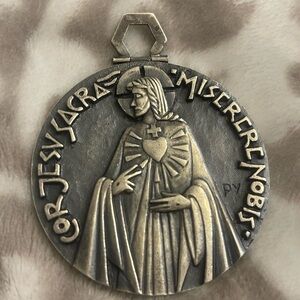 Rare Large Modernist Jesus Sacred Heart Medal by Fernand PY † Silver Plated
